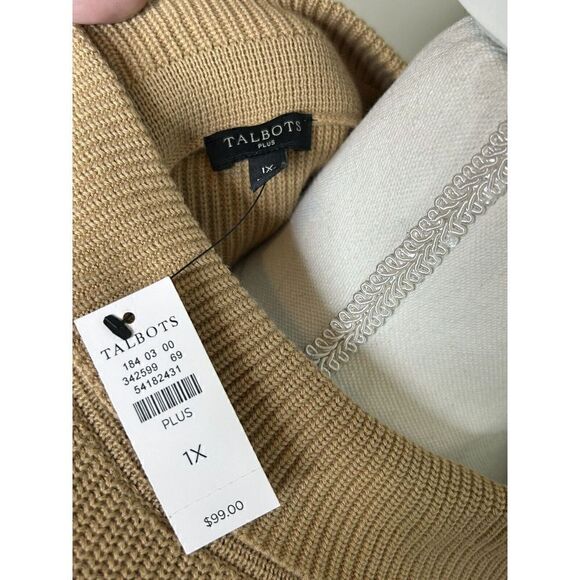 Talbots Womens Mock Neck Tan Camel Tunic Sweater White Hem Pima Cotton Sz 1x NWT - Picture 6 of 7